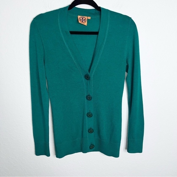 Tory Burch Sweater Women XS Sweater Kelly Green Wool Button Up V Neck B3 - Picture 1 of 8